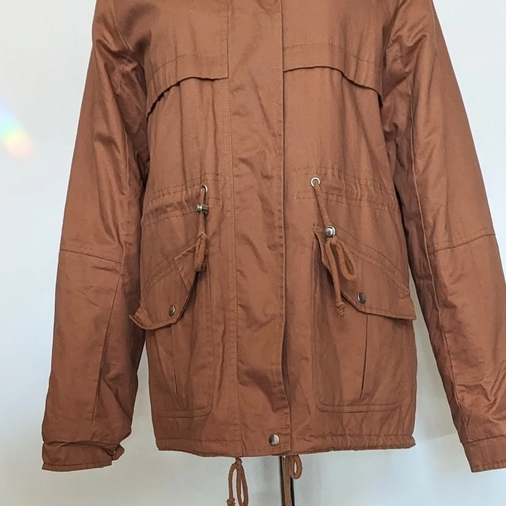 Love Tree Boutique Brown Faux Fur Trimmed Hood Sherpa Lined Jacket Coat Small - Picture 4 of 13
